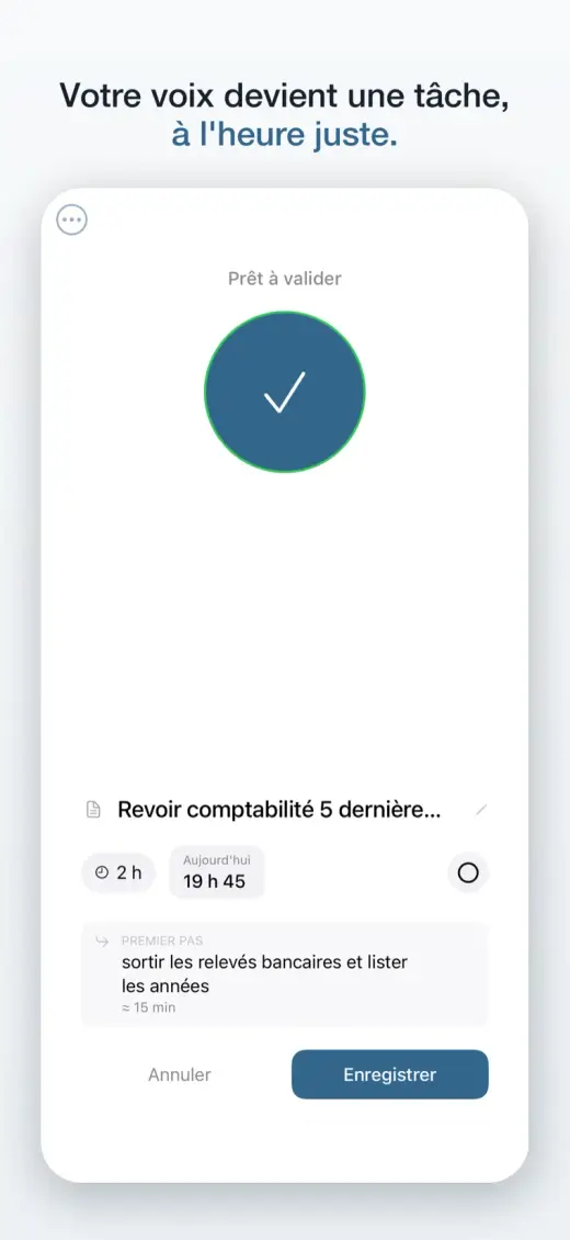 Capax structure la voix en tâche : « Votre voix devient une tâche, à l'heure juste » — titre, durée de 2 h, horaire et premier pas concret, prêts à valider.